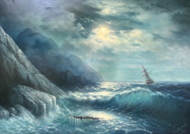 Storm at Sea by Moonlight Ζωγραφική με τίτλο "Storm at Sea by Moo…" από Samvel Atasunts, Αυθεντικά έργα τέχνης, Λάδι