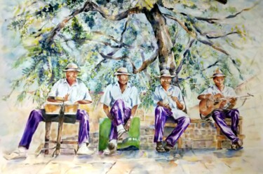 Schilderij getiteld "Musiciens Cubains 1" door Danielle Roehr, Origineel Kunstwerk, Aquarel Gemonteerd op Frame voor houten…