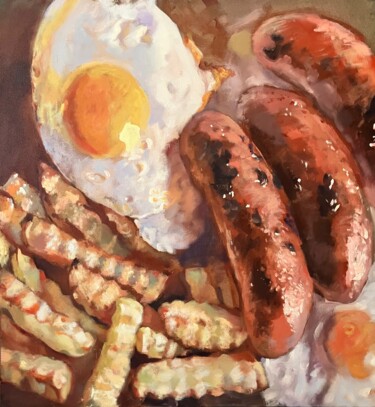 Painting titled "SAUSAGE, EGG AND CR…" by John Welsh Artist, Original Artwork, Oil Mounted on Wood Stretcher frame