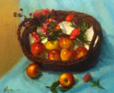 「Still life with app…」というタイトルの絵画 Dmitry Oleynによって, オリジナルのアートワーク, オイル ウッドストレッチャーフレームにマウント