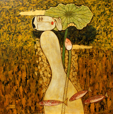 Schilderij getiteld "The girl on a hot d…" door Du Bui Trong, Origineel Kunstwerk, Lak Gemonteerd op Houten paneel