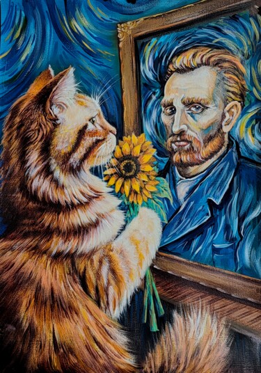 "Even Cats Love Van Gogh" Schilderij getiteld ""Even Cats Love Van…" door Iranika Art, Origineel Kunstwerk, Acryl