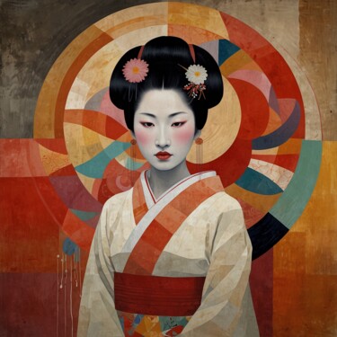 Digital Arts titled "Geisha in Silence" by Cronos, Original Artwork, Digital Painting Mounted on Aluminium