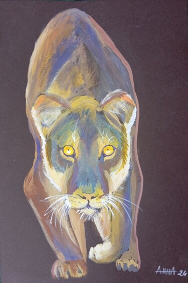 Drawing titled "Afrika. Lioness." by Anna Gunter, Original Artwork, Gouache Mounted on Glass