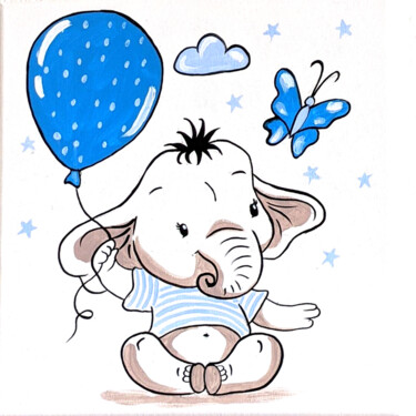 Little elephant with a balloon (oval) Schilderij getiteld "Little elephant wit…" door Tusya Lav, Origineel Kunstwerk, Acryl