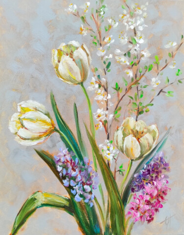 Pittura intitolato "White tulips" da Olga Ponomarenko, Opera d'arte originale, Olio Montato su Telaio per barella in legno