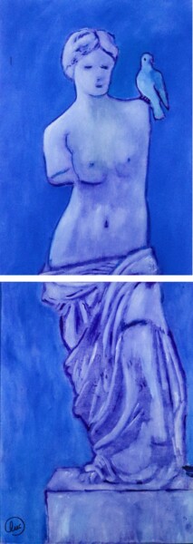 Schilderij getiteld "Vénus à la colombe" door Luc Morin, Origineel Kunstwerk, Olie Gemonteerd op Frame voor houten brancard