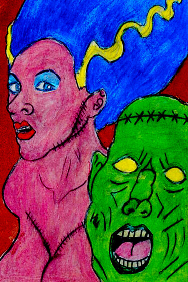 Schilderij getiteld "Frankenstein" door José Espiguinha, Origineel Kunstwerk, Gouache