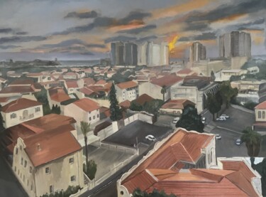 Malerei mit dem Titel "Sunset Over City Ro…" von Victoria Kukuy, Original-Kunstwerk, Öl Auf Keilrahmen aus Holz montiert
