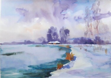 Peinture intitulée "Bay in winter" par Boris Serdyuk, Œuvre d'art originale, Aquarelle Monté sur Carton