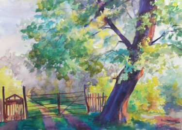 Willow in Front of the Courtyard Pittura intitolato "Willow in Front of…" da Boris Serdyuk, Opera d'arte originale, Acquarello Montato su Cartone