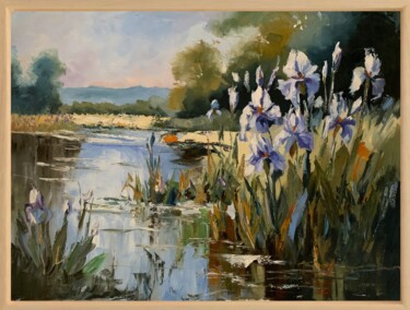 Lakeside Irises dream. Pittura intitolato "Lakeside Irises dre…" da Vita Schagen, Opera d'arte originale, Olio Montato su Telaio per barella in leg…
