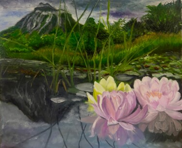 Lotuses Beneath the Storm Painting titled "Lotuses Beneath the…" by Vera Sol, Original Artwork, Oil Mounted on Wood Stretcher frame
