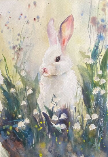 Rabbit in lilies of the valley 绘画 标题为“Rabbit in lilies of…” 由Daria Kamishanova, 原创艺术品, 水彩