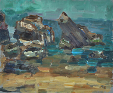 Marine landscape, rocks Schilderij getiteld "Marine landscape, r…" door Marina Zubkova, Origineel Kunstwerk, Olie Gemonteerd op Karton