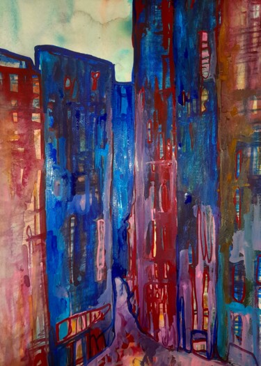 Pittura intitolato "Supertown at night" da Alexey Zhucovsky, Opera d'arte originale, Acquarello