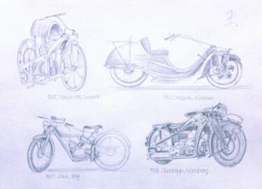 Motorräder. Daimler, Megola, Jawa, Zündapp. Σχέδιο με τίτλο "Motorräder. Daimler…" από Götz Wiedenroth, Αυθεντικά έργα τέχνης, Μολύβι