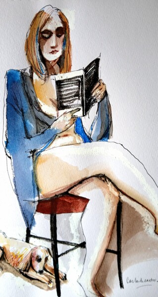 Painting titled "Femme lisant avec c…" by Decastro, Original Artwork, Watercolor