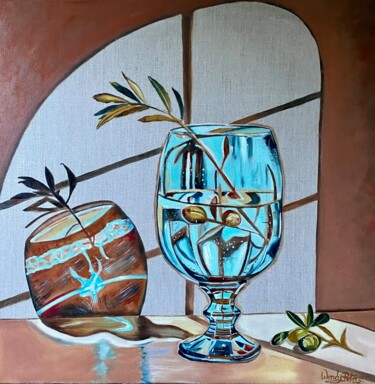제목이 "Blue Glass and Oliv…"인 미술작품 Wendy Peters로, 원작, 기름 나무 들것 프레임에 장착됨