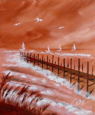 Schilderij getiteld "Le ponton 2" door Pascal Koza, Origineel Kunstwerk, Acryl Gemonteerd op Frame voor houten brancard