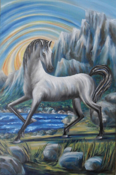 Das Weiße Pferd 绘画 标题为“Das Weiße Pferd” 由Olga Milova, 原创艺术品, 油 安装在木质担架架上
