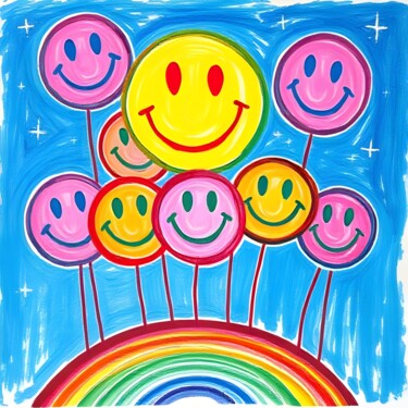 Happy Smiley Balloons Gravures & estampes intitulée "Happy Smiley Balloo…" par Ivy Blue, Œuvre d'art originale, Impression numérique