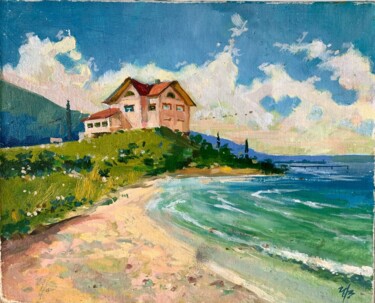 「A house by the sea」というタイトルの絵画 Alina Kovinaによって, オリジナルのアートワーク, オイル ウッドパネルにマウント