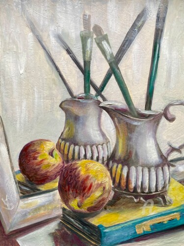 Still Life with a Break Painting titled "Still Life with a B…" by Vladimir Shir, Original Artwork, Oil Mounted on Wood Stretcher frame