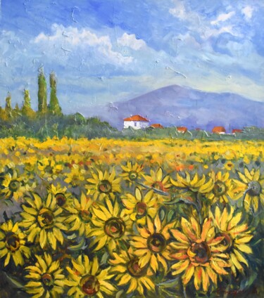 Schilderij getiteld "field of sunflowers" door Grigorii Zulkarniaev, Origineel Kunstwerk, Olie