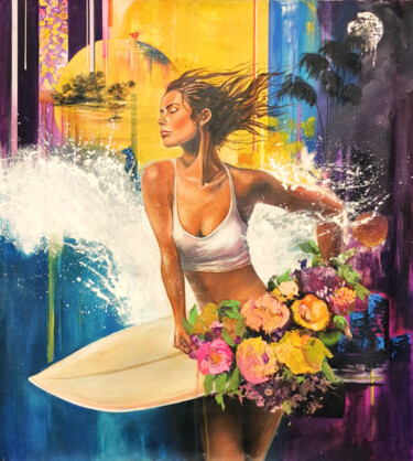 绘画 标题为“On the wave” 由Elena Cruz, 原创艺术品, 丙烯 安装在木质担架架上