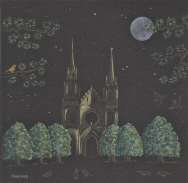 제목이 "St Jean des vignes…"인 그림 Catherine Janniaud로, 원작, 연필 판지에 장착됨