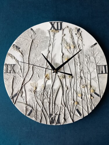 Clock - Painting "Meadow View" botanicalbasrelief Painting titled "Clock - Painting "M…" by Alena Panchenia Elena Pancena, Original Artwork, Plaster