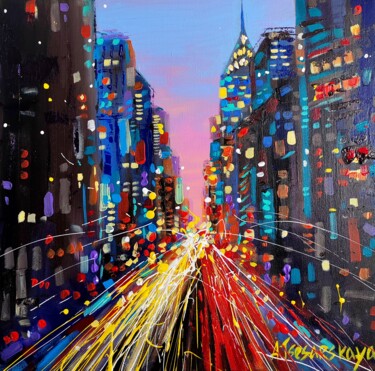 Night urban cityscape Schilderij getiteld "Night urban citysca…" door Aliaksandra Tsesarskaya, Origineel Kunstwerk, Acryl Gemonteerd op Frame voor…