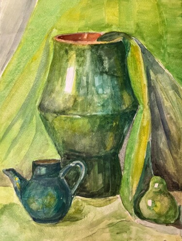 Schilderij getiteld "Green lamp" door Valentyn Oladenko, Origineel Kunstwerk, Aquarel Gemonteerd op Houten paneel