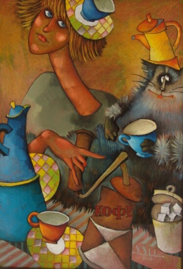 Schilderij getiteld "Любители кофе" door Svetlana Sokolova, Origineel Kunstwerk, Olie