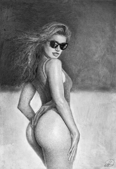 Sun, Wind, Girl in Sunglasses Σχέδιο με τίτλο "Sun, Wind, Girl in…" από Onpumi, Αυθεντικά έργα τέχνης, Κοντέ