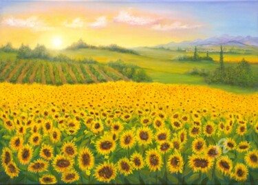 Malarstwo zatytułowany „Sunrise on sunflowe…” autorstwa Ludmilla Ukrow, Oryginalna praca, Olej Zamontowany na Drewniana rama…