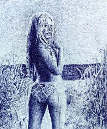 Christina Aguilera. Portrait on the shore. Рисунок под названием "Christina Aguilera.…" - Onpumi, Подлинное произведение искусства, Шариковая ручка