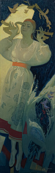 SHE, figurative romanticism, nature, 214x70 cm Schilderij getiteld "SHE, figurative rom…" door Dmytro Dotsenko, Origineel Kunstwerk, Olie