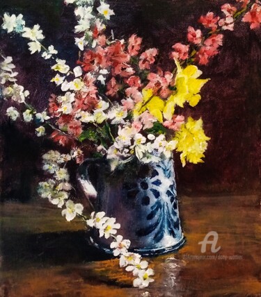 Painting titled "Fleurs de printemps" by Dany Wattier, Original Artwork, Oil Mounted on Wood Stretcher frame
