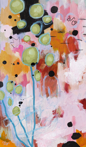 Painting titled "La reine pâquerette" by Chantal Proulx, Original Artwork, Acrylic Mounted on Wood Stretcher frame