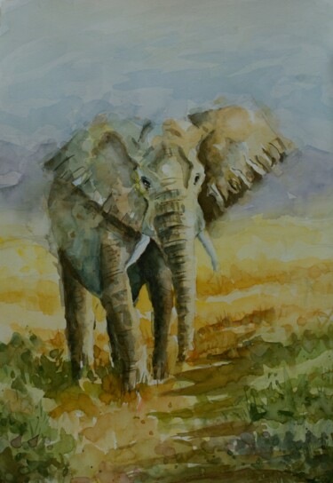 绘画 标题为“Elephant In The Wil…” 由Devon, 原创艺术品, 水彩