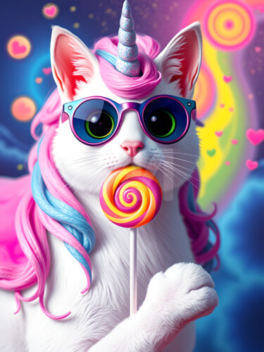 Digital Arts με τίτλο "Unicorn Lollipop Cat" από Caprice, Αυθεντικά έργα τέχνης, Εικόνα που δημιουργήθηκε με AI