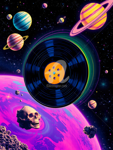 Cosmic Vinyl Dreams Digitale Kunst getiteld "Cosmic Vinyl Dreams" door Caprice, Origineel Kunstwerk, AI gegenereerde afbeelding