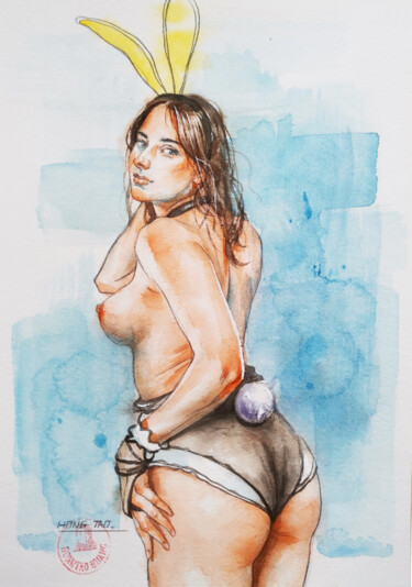 Painting titled "Bunny girl #25521" by Hongtao Huang, Original Artwork, Watercolor