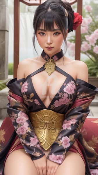 Blossoms and Gold: Geisha Elegance in Bloom 제목이 "Blossoms and Gold:…"인 디지털 아트 Caprice로, 원작, AI 생성 이미지