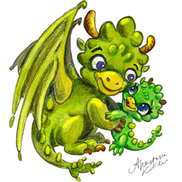 Dragon Dad & Me – Whimsical Father's Day Art, Special Print Pintura intitulada "Dragon Dad & Me – W…" por Anastasia Kokler, Obras de arte originais, Aquarela