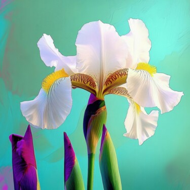 White iris and purple buds on a turquoise background Arte digitale intitolato "White iris and purp…" da Tatiana Belchenko, Opera d'arte originale, Pittura digitale