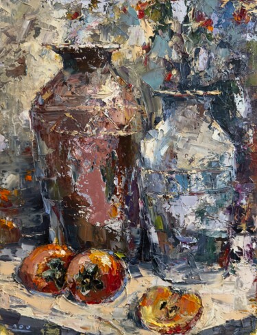 The Secret of Autumn: Persimmon and Jugs 「The Secret of Autum…」というタイトルの絵画 Oleg Sharapanovskyによって, オリジナルのアートワーク, オイル ウッドストレッチャーフレームにマウント
