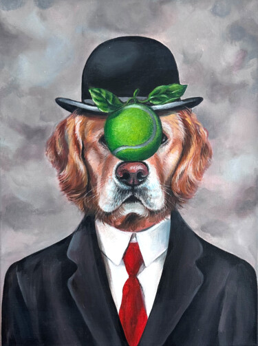 Surreal Dog Portrait Wall Art - René Magritte Inspired Paint 绘画 标题为“Surreal Dog Portrai…” 由Shilo Julia, 原创艺术品, 丙烯 安装在木质担架架上